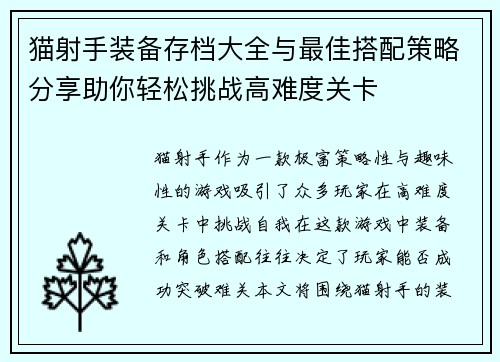 猫射手装备存档大全与最佳搭配策略分享助你轻松挑战高难度关卡